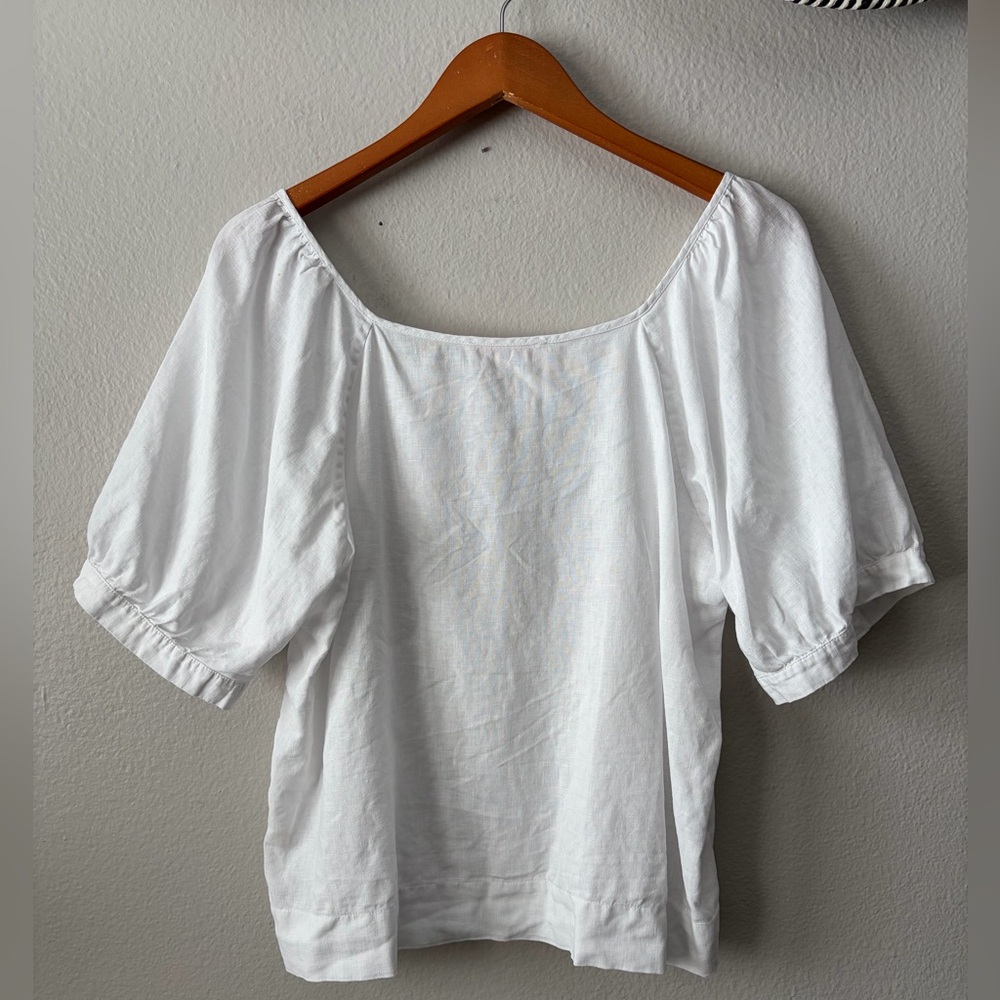 Everlane Linen Puff Sleeve Square Neck Button Peasant Blouse Women’s 14 Large - Picture 4 of 9